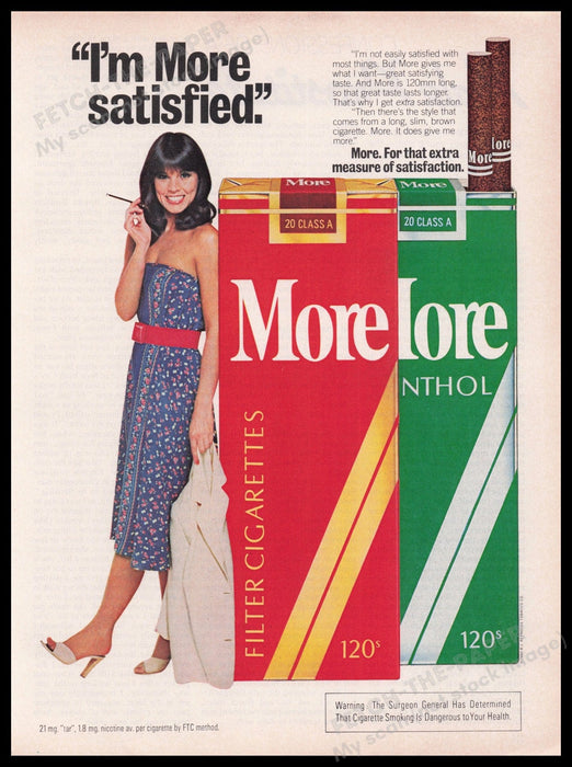 More Cigarettes 1980s Print Advertisement Ad 1980 I'm More Satisfied Fetch the Paper!