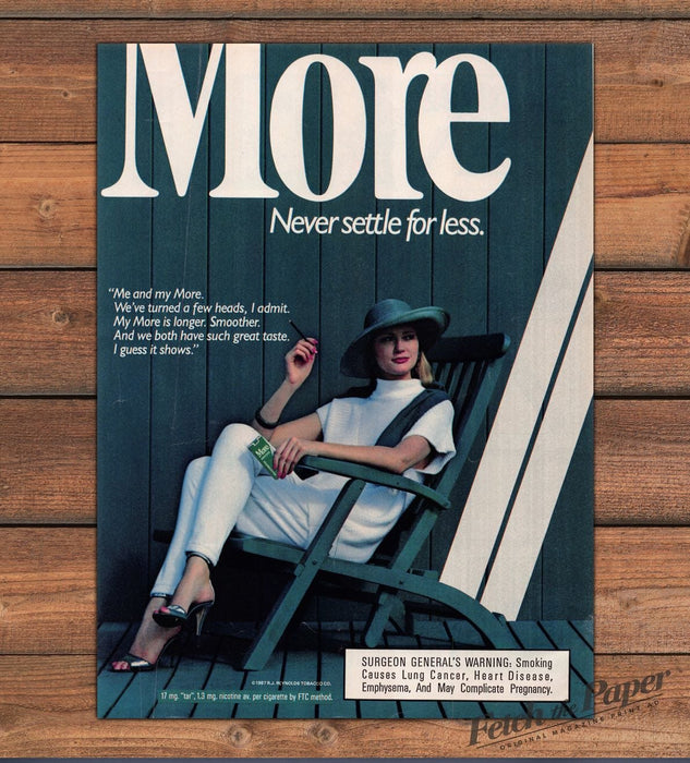 More Cigarettes Woman Wide Brim Hat White Outfit Heels Print Ad 1987 1980s