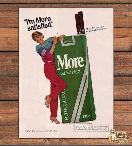 More Menthol Cigarettes 120s I'm More Satisfied Red Pants Print Ad 1981 1980s