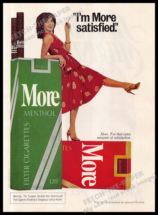 More Menthol "I'M More Satisfied" Legs Kicking 1980s Magazine Print Ad 1981