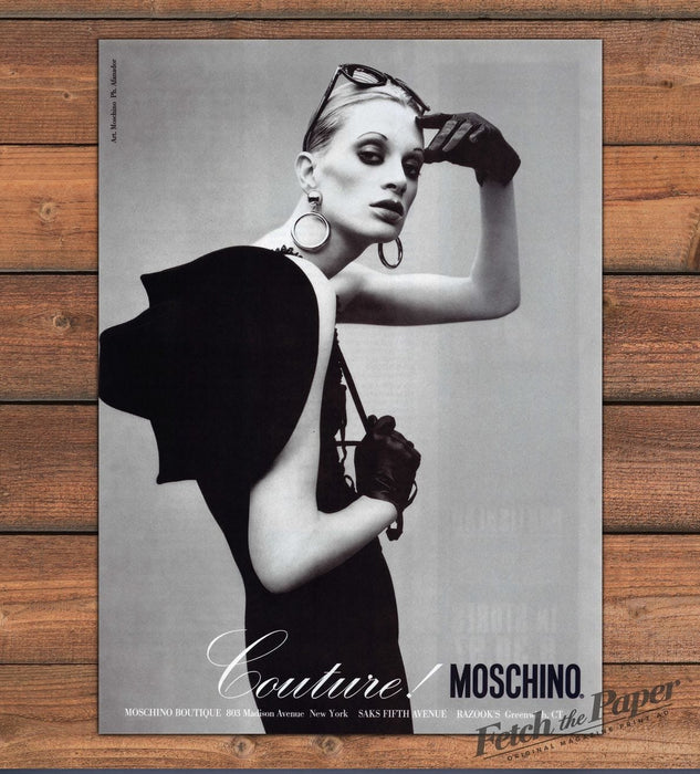Moschino Couture Model in Black Dress Gloves Hoops Print Ad 1997 1990s