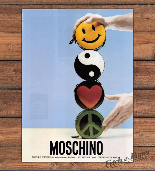 Moschino Round Purses Smiley Face Yin Yang Heart Peace Sign Print Ad 1997 1990s