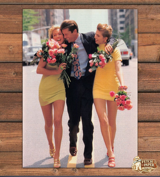“Mr Popularity” Two Women Yellow Mini Dress Legs City Street Print Ad 1991 1990s