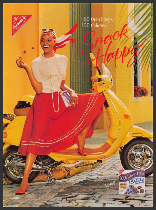 Nabisco Oreo 2000s Print Advertisement 2004 Yellow Scooter Snack Happy Fetch-the-Paper