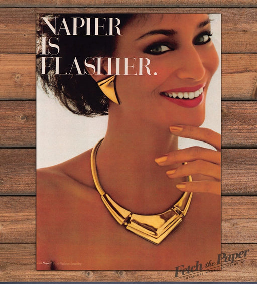 Napier Is Flashier Gold Collar Necklace Earring Smiling Print Ad 1985 1980s