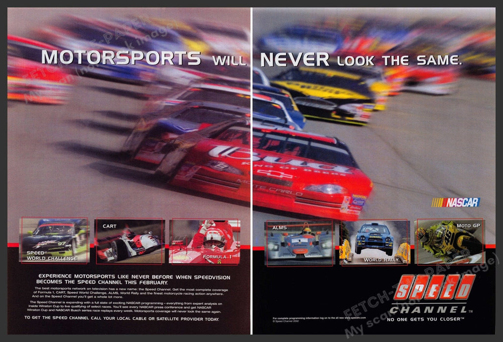 Nascar Speed Channel T.V. 2000s Print Advertisement Ad (2 pages) 2002 Fetch-the-Paper