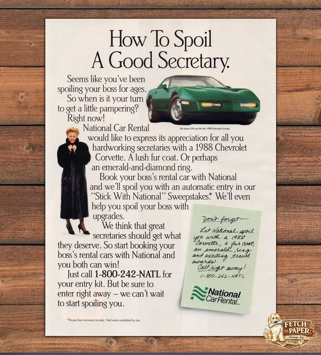National Car Rental Corvette Fur Coat Secretary Reward Print Ad 1988 1980s