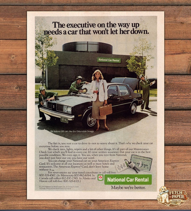 National Car Rental Woman Executive Oldsmobile Omega Amex Print Ad 1979 1970s