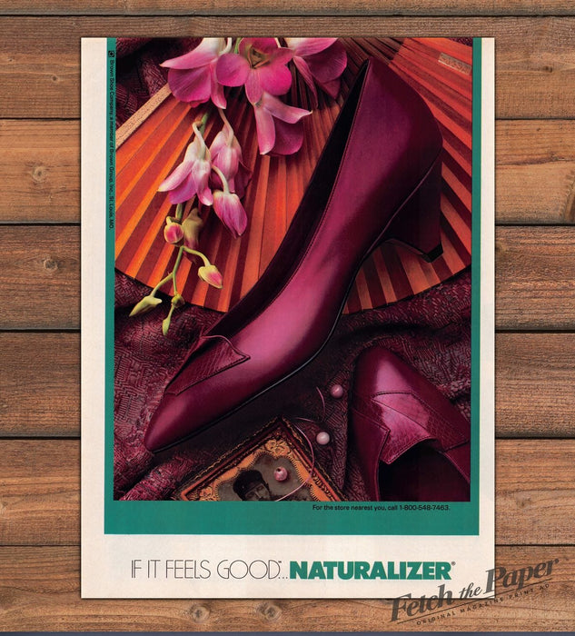 Naturalizer Burgundy Leather Pumps Pink Orchids Fan Heels Print Ad 1987 1980s