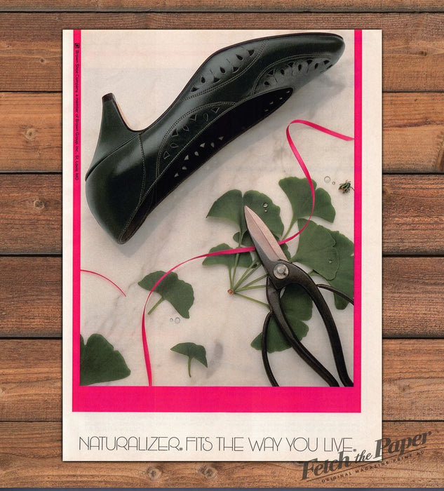 Naturalizer Green Leather Pumps Ginkgo Leaves Shears Print Ad 1986 1980s
