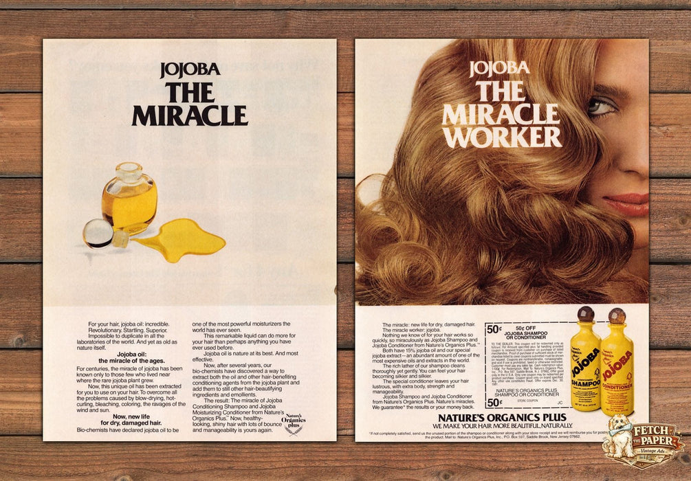 Nature's Organics Plus Jojoba Shampoo Long Hair Print Ad 1981 1980s (2pgs)