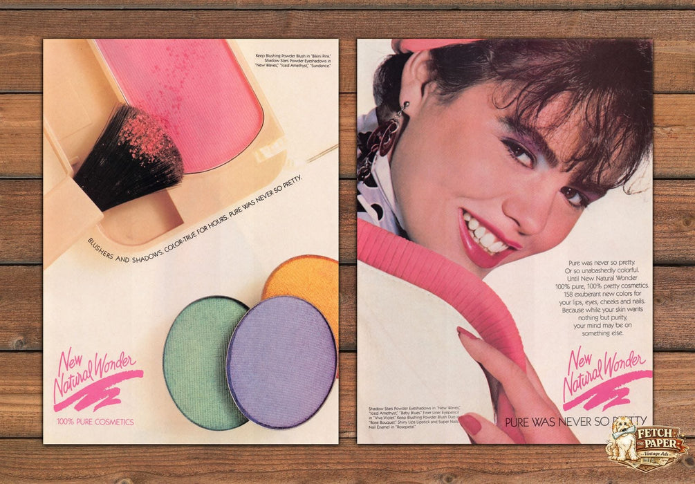 New Natural Wonder Pure Cosmetics Colorful Makeup Print Ad 1986 1980s (2pgs)
