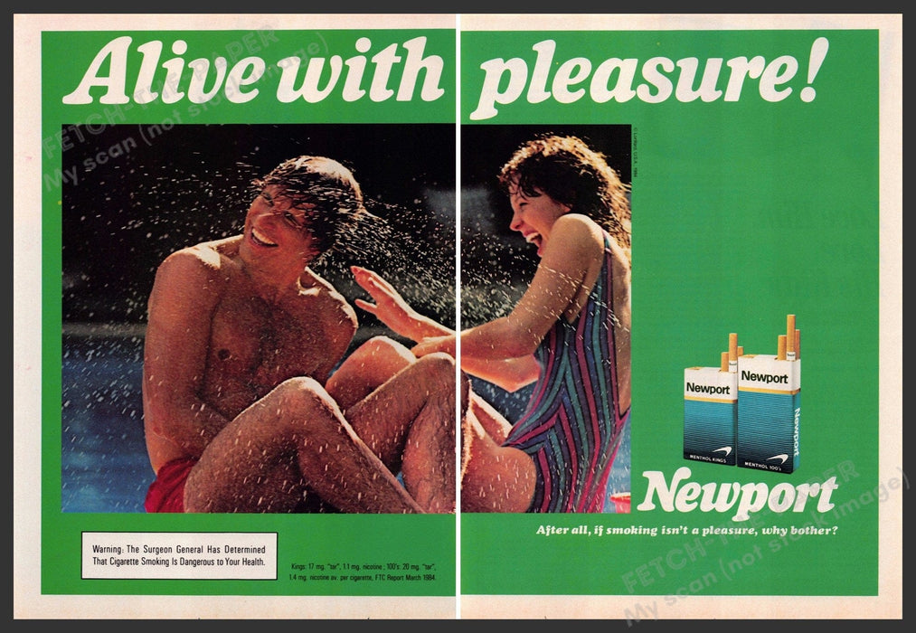 Newport 1980s Magazine Print Ad (2 pages) 1984 Couple Wet Hair Splashing Newport Cigarettes