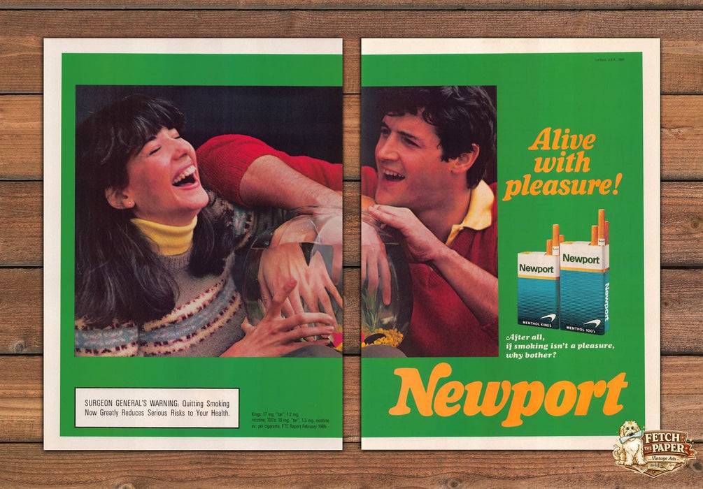 Newport Alive With Pleasure Couple Fishbowl Toast Print Ad 1986 1980s (2pgs)