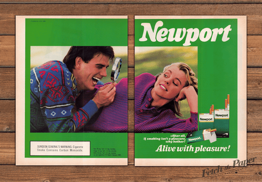 Newport Alive With Pleasure Couple Magnifying Glass Print Ad 1988 1980s (2pgs)