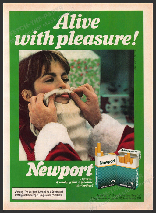 Newport Cigarettes 1980s Print Advertisement 1982 Girl Santa Clause Beard Fetch-the-Paper