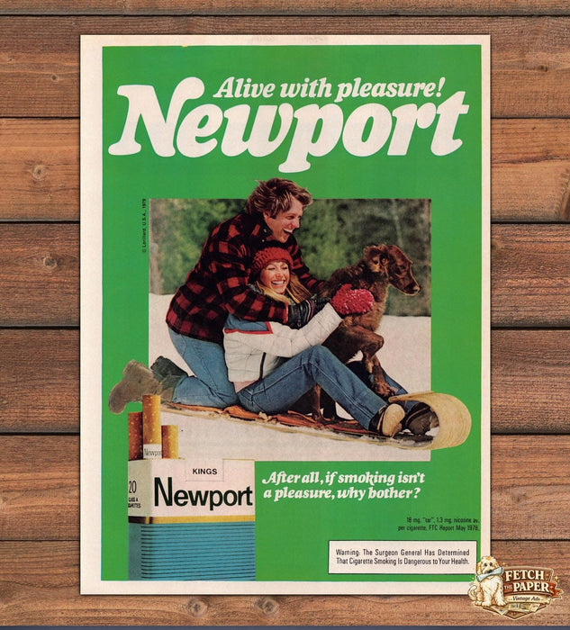 Newport Cigarettes Alive Pleasure Couple Sledding Dog Snow Print Ad 1979 1970s