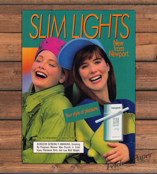 Newport Slim Lights Two Women Pink Blue Caps Menthol Print Ad 1993 1990s