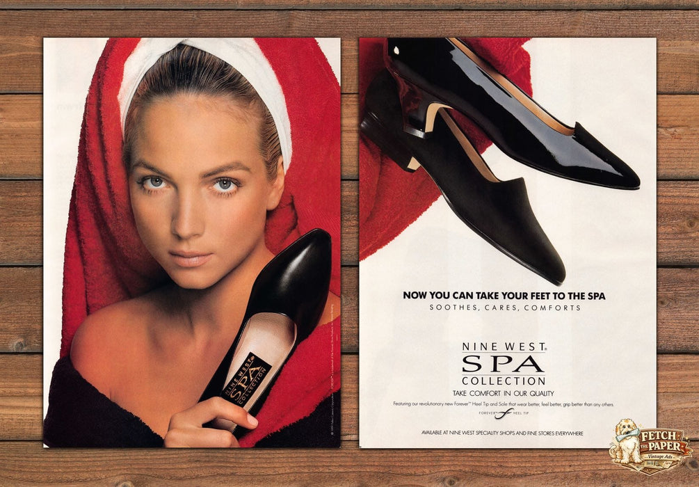 Nine West Spa Collection Black Patent Pump Red Towel Print Ad 1991 1990s (2 pg)