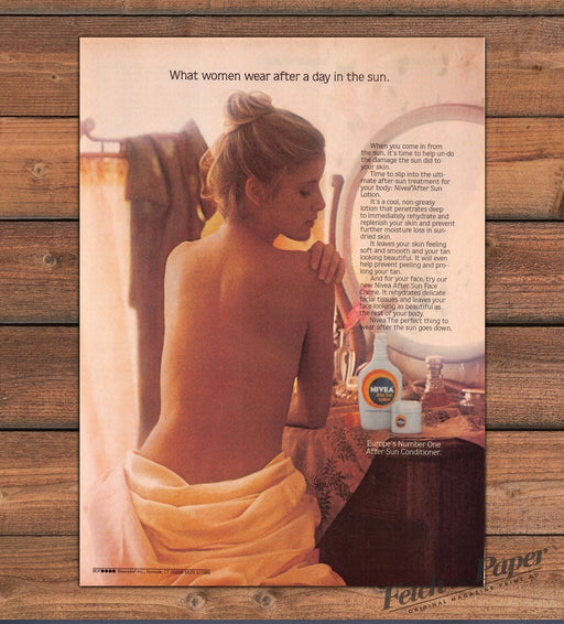 Nivea After Sun Lotion 1980s Print Advertisement Ad 1985 Bare Back Mirror Skin