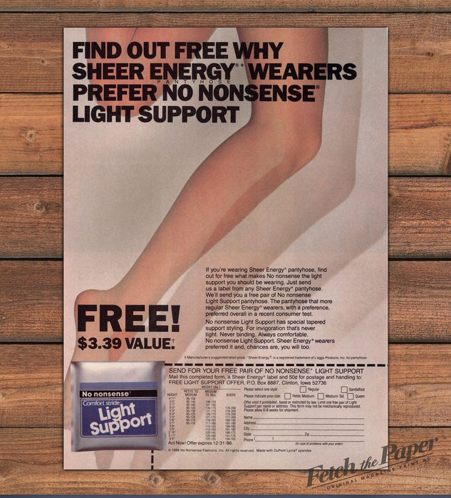 No nonsense Light Support Pantyhose Sheer Legs Free Offer Print Ad 1986 1980s
