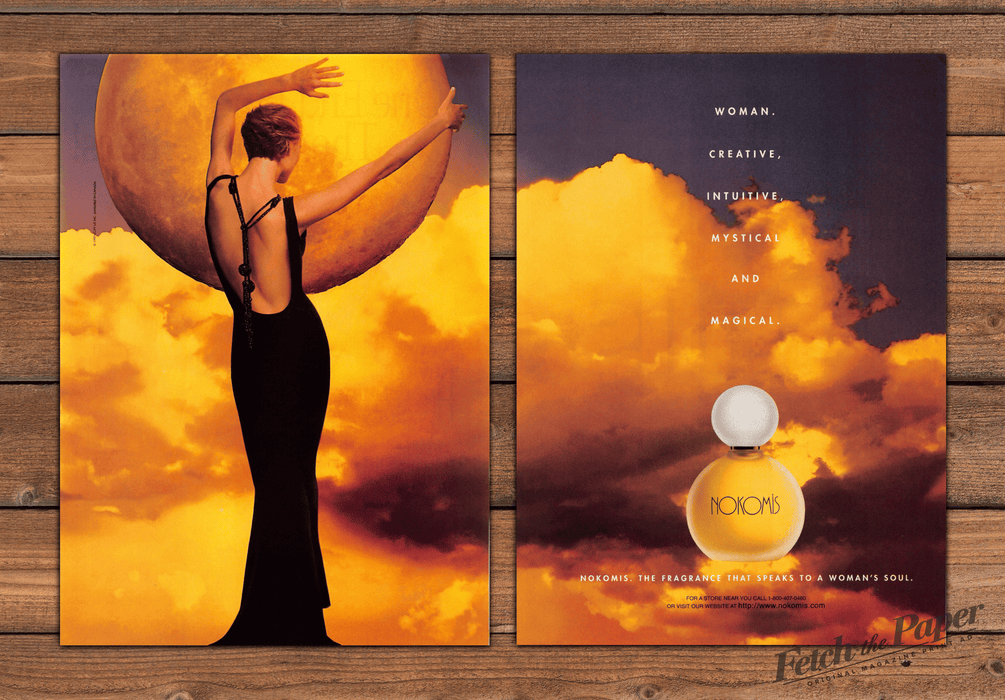 Nokomis Fragrance Woman Moon Golden Clouds Gown Print Ad 1997 1990s (2pgs)