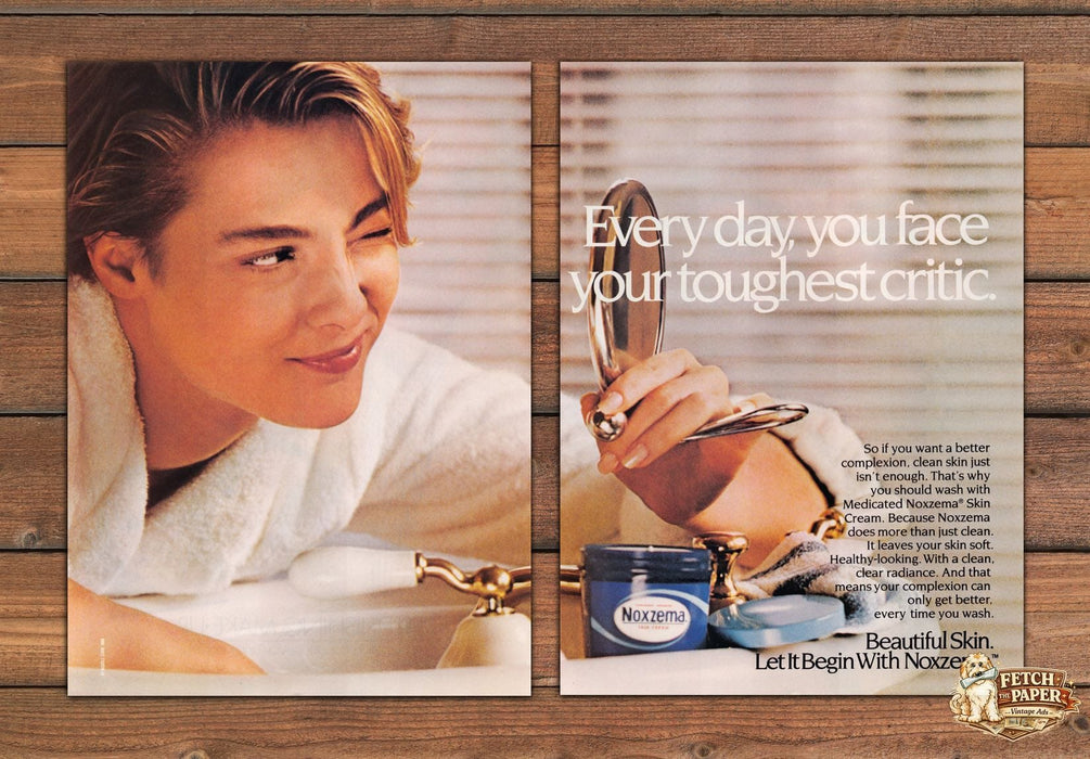 Noxzema Skin Cream Toughest Critic Towel Mirror Print Ad 1988 1980s (2pgs)