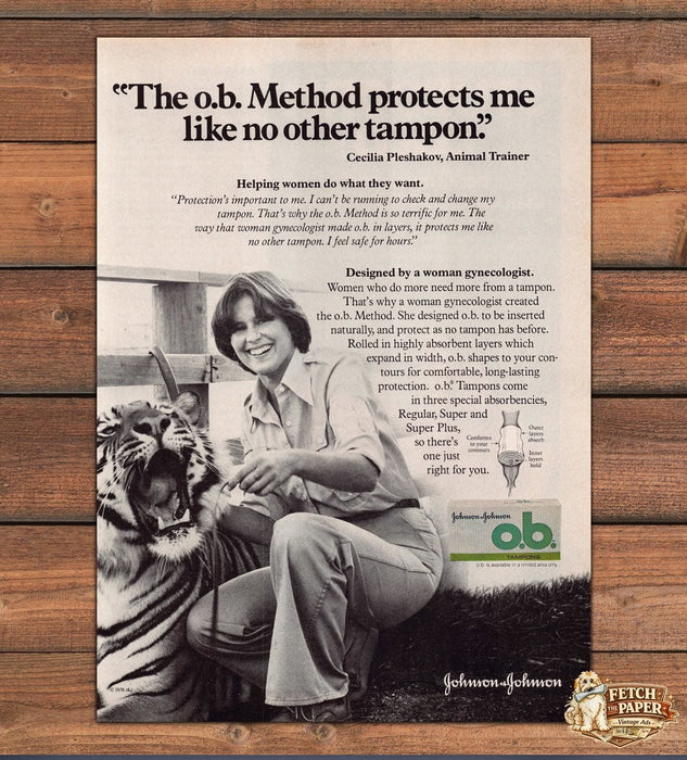 o.b. Tampons Cecilia Pleshakov Animal Trainer Tiger Print Ad 1979 1970s
