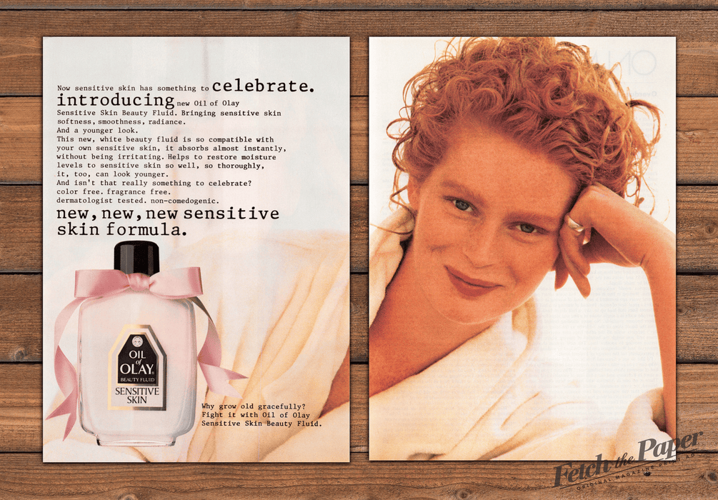 Oil of Olay 1980s Print Advertisement (2 pages) 1989 Freckled Redhead Model Skin