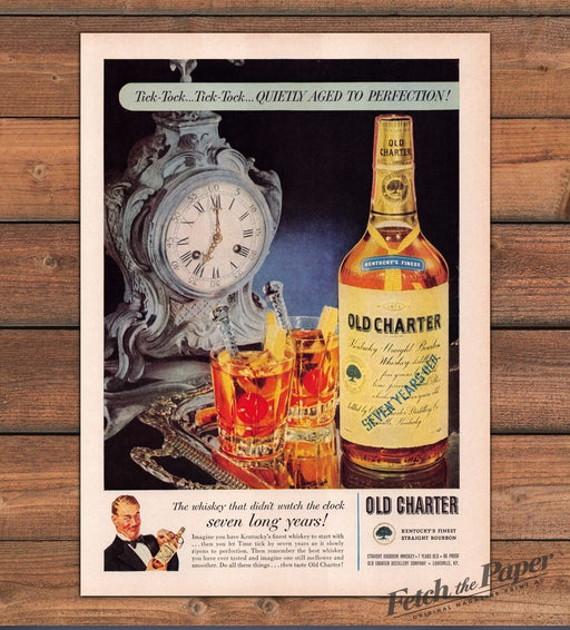 Old Charter Bourbon Tick-Tock Aged To Perfection Clock Print Ad 1959 1950s
