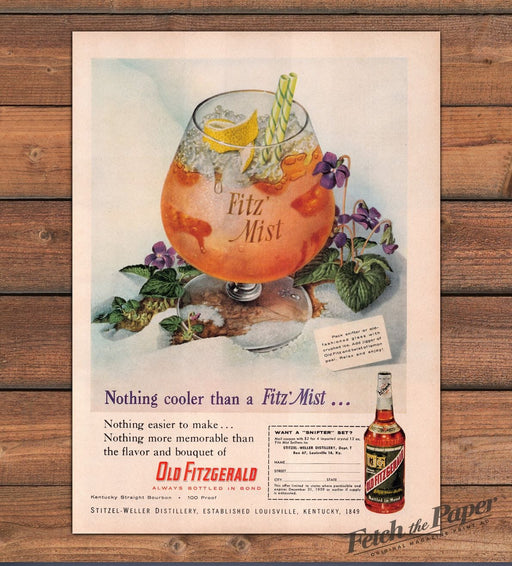 Old Fitzgerald Bourbon Fitz' Mist Cocktail Violets Bottle Print Ad 1959 1950s