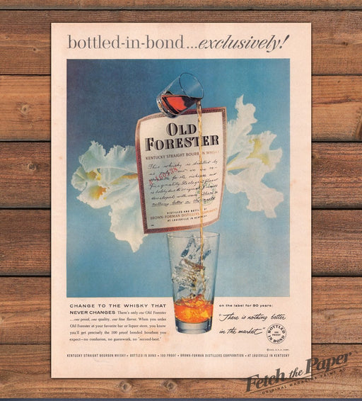 Old Forester Bourbon Bottled-In-Bond White Orchid Blue Print Ad 1959 1950s