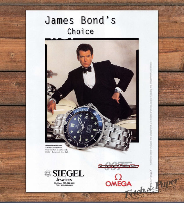 Omega Pierce Brosnan James Bond 007 Seamaster Watch Print Ad 1997 1990s