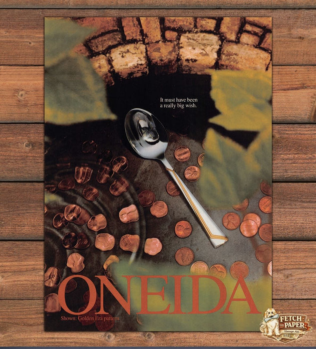 Oneida Golden Era Flatware Spoon Wishing Well Pennies Print Ad 1991 1990s