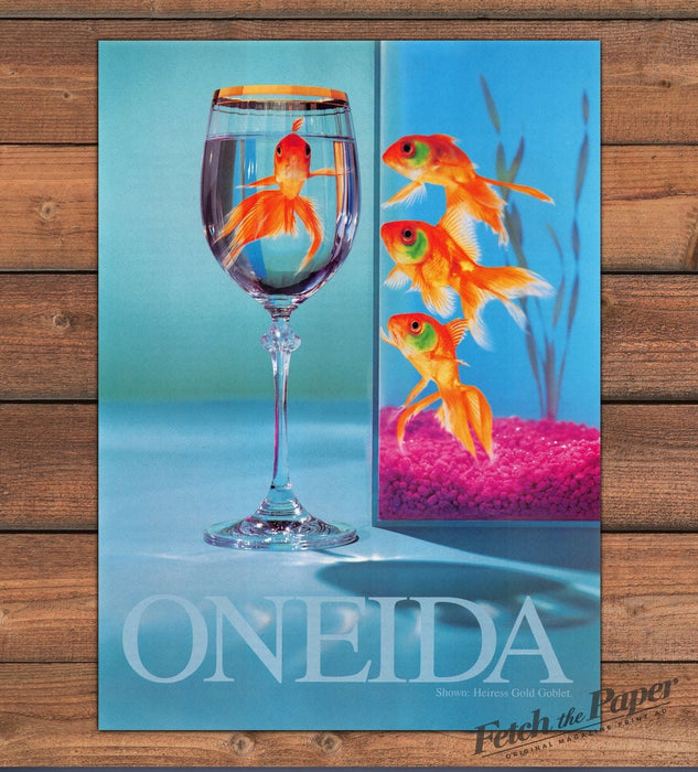 Oneida Heiress Gold Goblet Goldfish Wine Glass Whimsical Print Ad 1997 1990s
