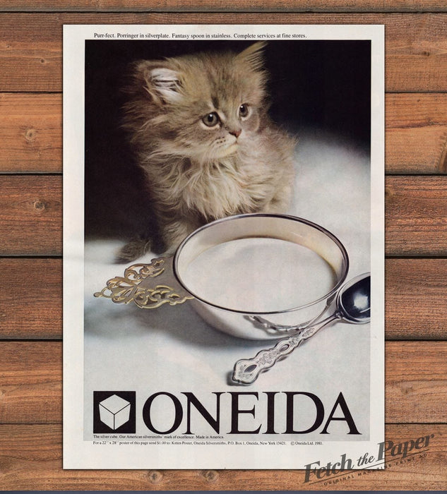 Oneida Silverplate Porringer Fantasy Spoon Kitten Purr-fect Print Ad 1981 1980s