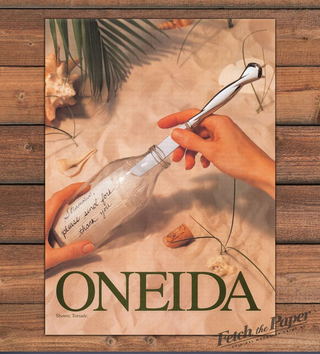 Oneida Torsade Flatware Message in a Bottle on the Beach Print Ad 1997 1990s