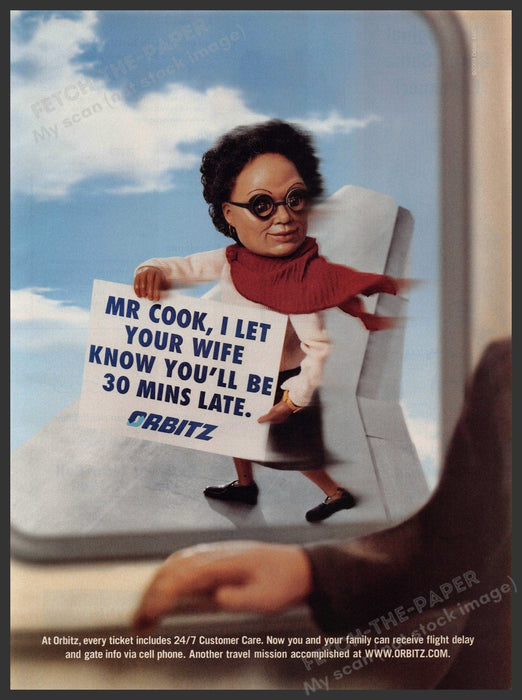 Orbitz 24/7 Customer Service 2000s Print Advertisement 2003 Airplane Wing Fetch-the-Paper