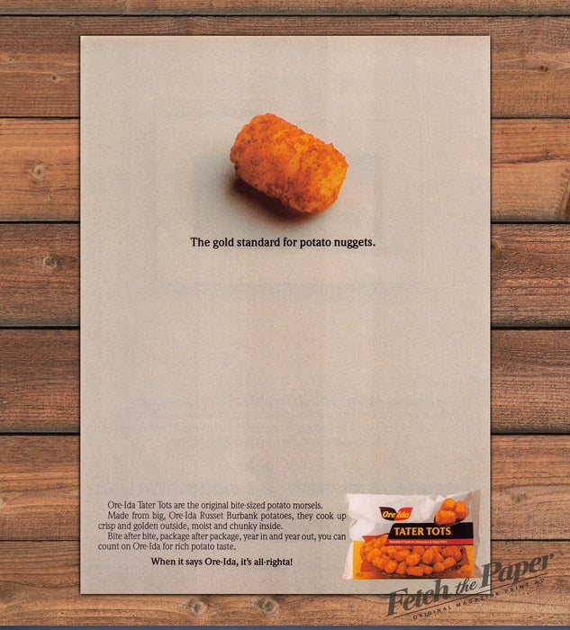 Ore-Ida Tater Tots Single Golden Potato Nugget Frozen Food Print Ad 1987 1980s