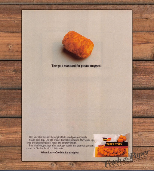 Ore-Ida Tater Tots Single Golden Potato Nugget Frozen Food Print Ad 1987 1980s