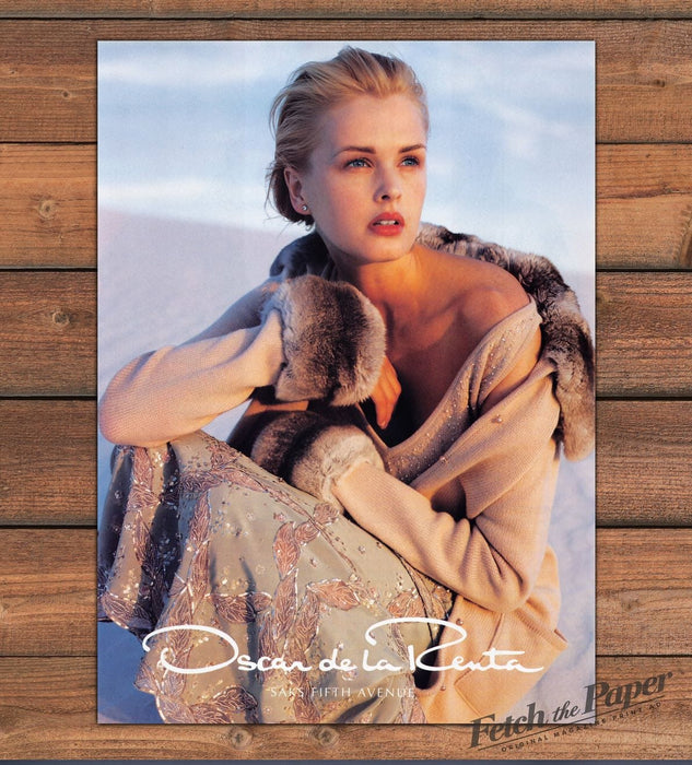 Oscar de la Renta Saks Model Fur Trim Beaded Coat Print Ad 1998 1990s