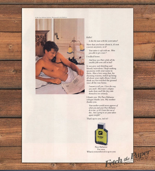 Paco Rabanne 1980s Print Advertisement 1987 Newspaper in Bed (See Description)