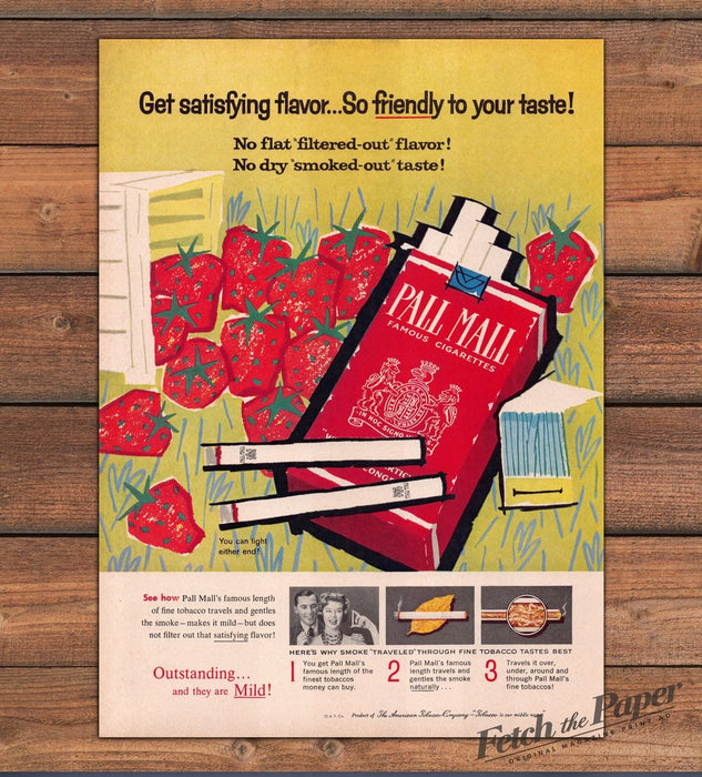 Pall Mall Cigarettes Satisfying Flavor Strawberries Red Pack Print Ad 1959 1950s