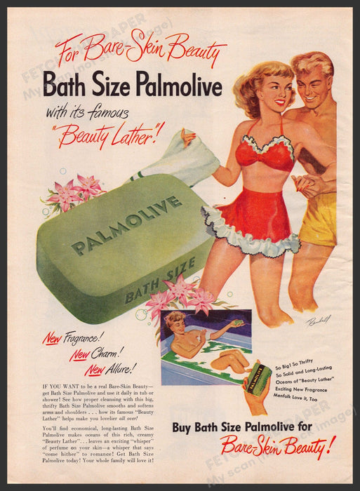 Palmolive Bath Soap 1940s Print Advertisement Ad 1949 Randell Illustration Fetch-the-Paper