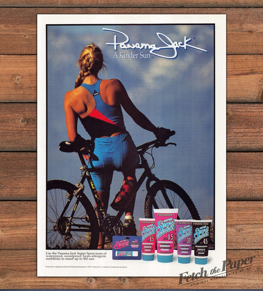 Panama Jack 1990s Print Advertisement 1995 Tan "A kinder sun" Woman Bike Athlete