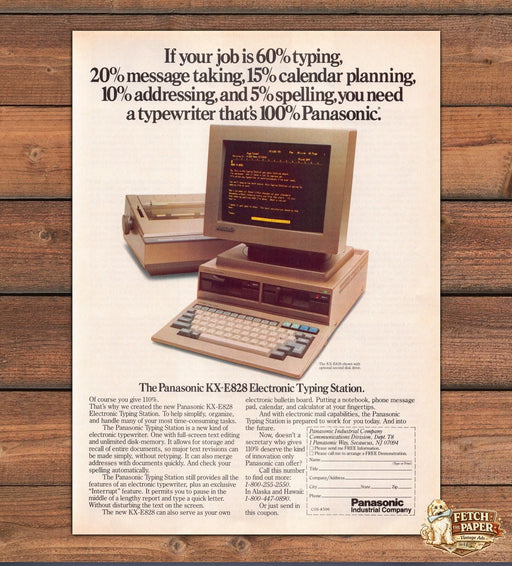 Panasonic KX-E828 Electronic Typing Station 1980s Print Advertisement Ad 1985