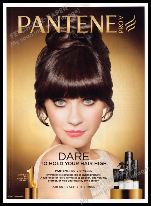 Pantene 2010s Magazine Print Ad 2013 Zooey Deschanel Up-do Hair "Dare to hold"