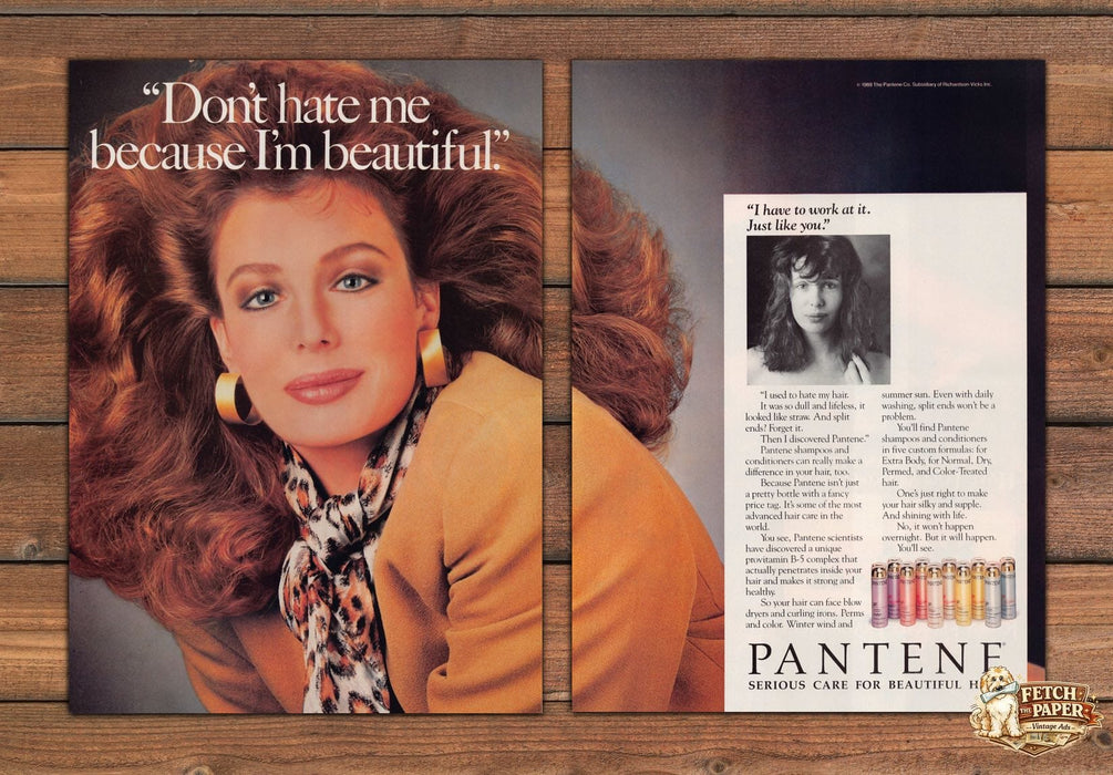 Pantene Dont Hate Me Because Im Beautiful Big Hair Print Ad 1988 1980s (2pgs)