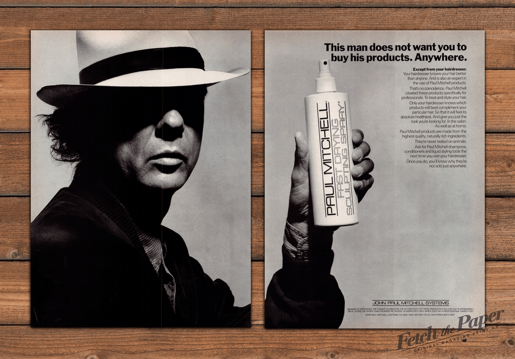 Paul Mitchell Sculpting Spray Fedora Man Print Ad 1988 1980s (2pgs)