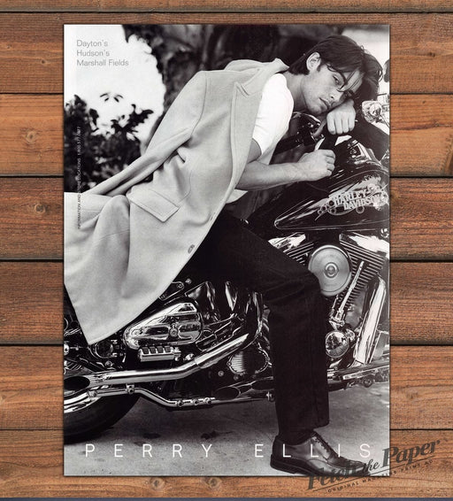Perry Ellis Man Harley-Davidson Motorcycle Camel Coat Print Ad 1998 1990s